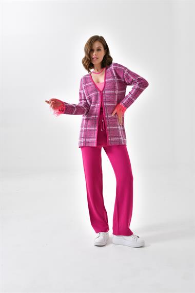 FTZ Women Kadın Kuş Tüyü Detaylı Pantolonlu Takım  Fuşya 20572