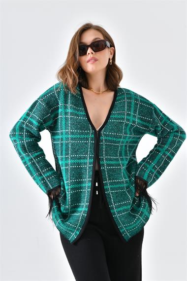 FTZ Women Kadın Kuş Tüyü Detaylı Pantolonlu Takım  Siyah Ekru 20572