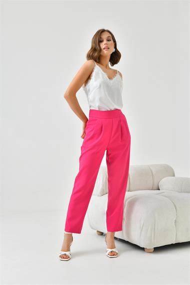 FTZ Women Kadın Lastikli Pleli Dar Paça Pantolon  Fuşya 30744
