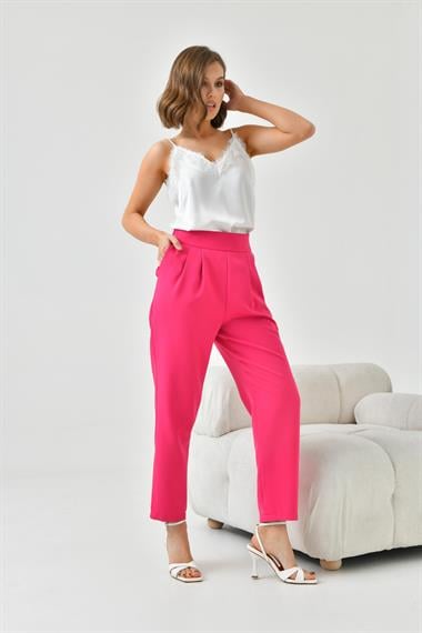FTZ Women Kadın Lastikli Pleli Dar Paça Pantolon  Fuşya 30744