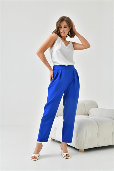 FTZ Women Kadın Lastikli Pleli Dar Paça Pantolon  Saks Mavi 30744