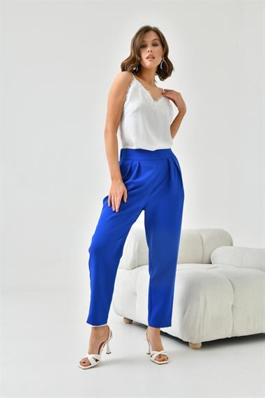 FTZ Women Kadın Lastikli Pleli Dar Paça Pantolon  Saks Mavi 30744