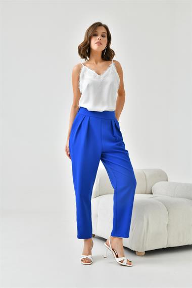 FTZ Women Kadın Lastikli Pleli Dar Paça Pantolon  Saks Mavi 30744