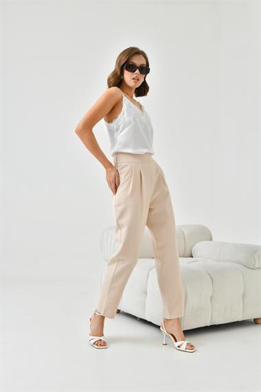 FTZ Women Kadın Lastikli Pleli Dar Paça Pantolon  Beige 30744