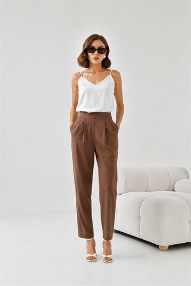 FTZ Women Kadın Lastikli Pleli Dar Paça Pantolon  Kahve 30744