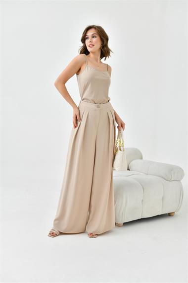 FTZ Women Kadın Lastikli Pleli Pantolon  Beige 30762
