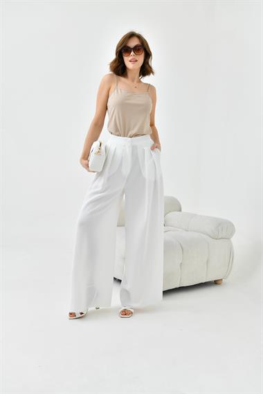 FTZ Women Kadın Lastikli Pleli Pantolon  Ekru 30762