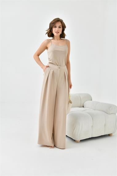 FTZ Women Kadın Lastikli Pleli Pantolon  Beige 30762