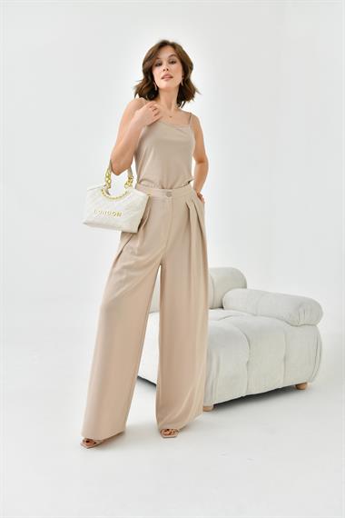 FTZ Women Kadın Lastikli Pleli Pantolon  Beige 30762