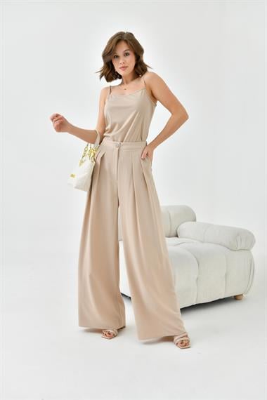 FTZ Women Kadın Lastikli Pleli Pantolon  Beige 30762
