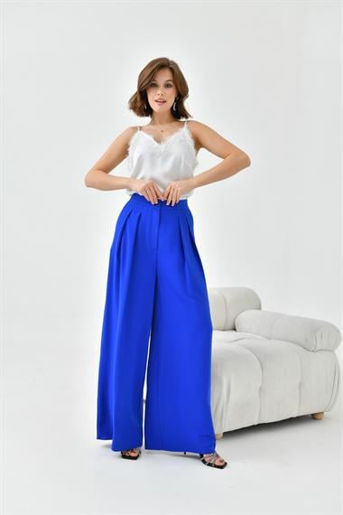 FTZ Women Kadın Lastikli Pleli Pantolon  Saks Mavi 30762