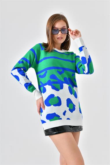 FTZ Women Kadın Leopar Desenli Kazak  Ekru 20104