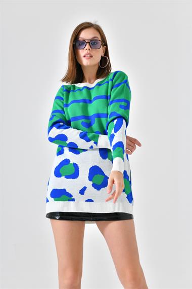 FTZ Women Kadın Leopar Desenli Kazak  Ekru 20104