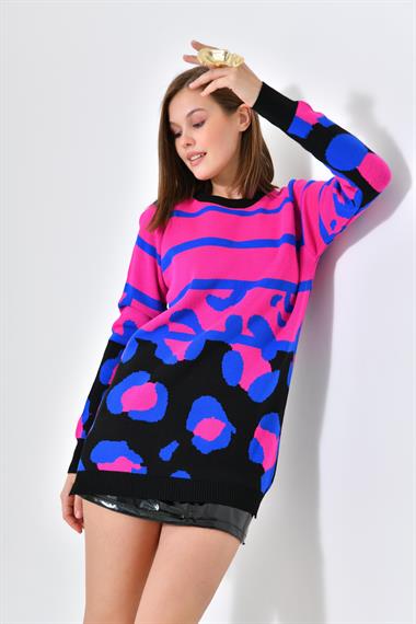 FTZ Women Kadın Leopar Desenli Kazak  Siyah 20104