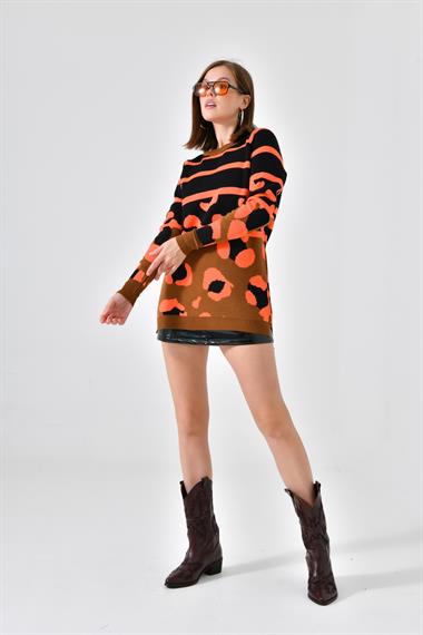 FTZ Women Kadın Leopar Desenli Kazak  Taba 20104