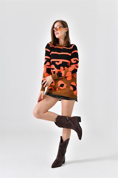 FTZ Women Kadın Leopar Desenli Kazak  Taba 20104