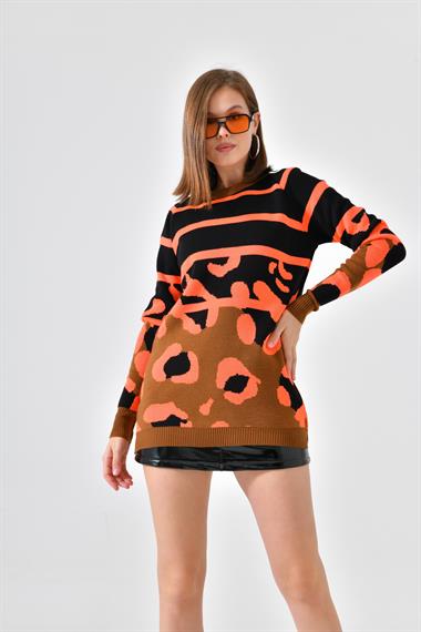 FTZ Women Kadın Leopar Desenli Kazak  Taba 20104