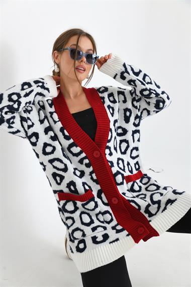 FTZ Women Kadın Leopar Detaylı Hırka  Ekru 20001