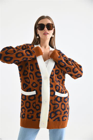 FTZ Women Kadın Leopar Detaylı Hırka  Kiremit 20001