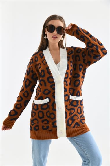 FTZ Women Kadın Leopar Detaylı Hırka  Kiremit 20001