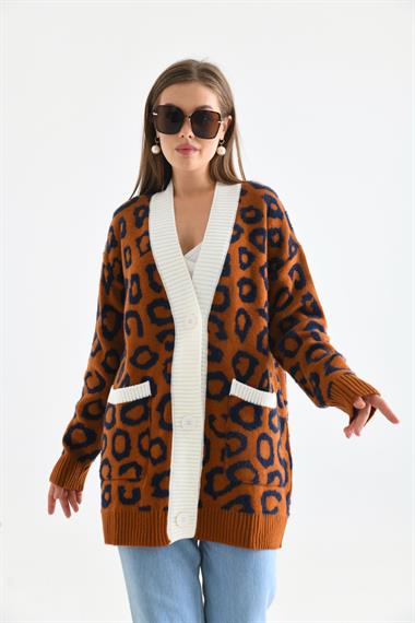 FTZ Women Kadın Leopar Detaylı Hırka  Kiremit 20001