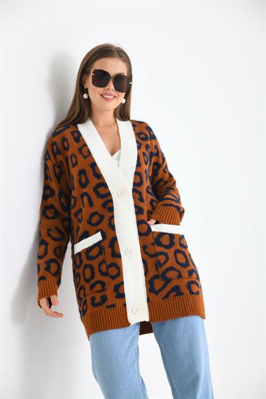 FTZ Women Kadın Leopar Detaylı Hırka  Kiremit 20001