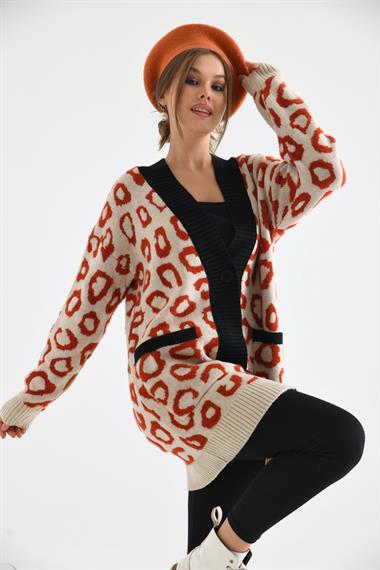 FTZ Women Kadın Leopar Detaylı Hırka  Taş 20001