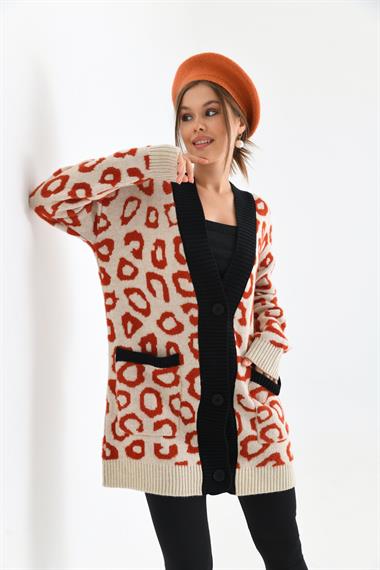 FTZ Women Kadın Leopar Detaylı Hırka  Taş 20001