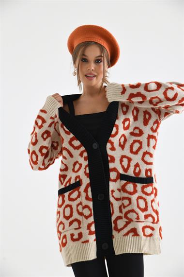FTZ Women Kadın Leopar Detaylı Hırka  Taş 20001