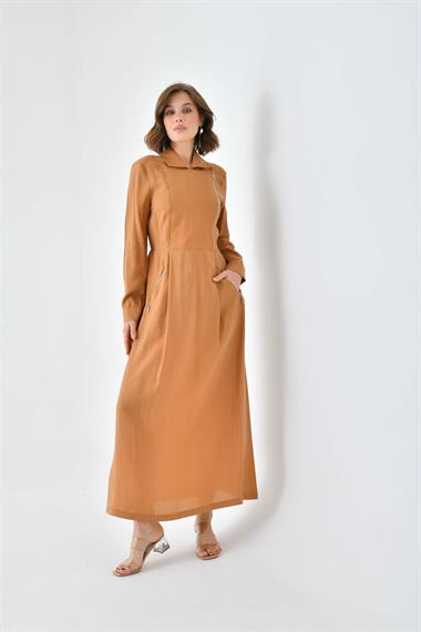 FTZ Women Kadın Modal Fermuarlı Elbise  Sütlü Kahve 30719