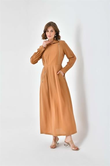 FTZ Women Kadın Modal Fermuarlı Elbise  Sütlü Kahve 30719