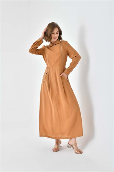 FTZ Women Kadın Modal Fermuarlı Elbise  Sütlü Kahve 30719