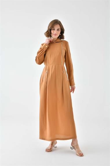 FTZ Women Kadın Modal Fermuarlı Elbise  Sütlü Kahve 30719