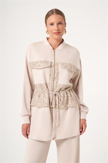 FTZ Women Kadın Modal Payet Detaylı İkili Takım  Beige 31517