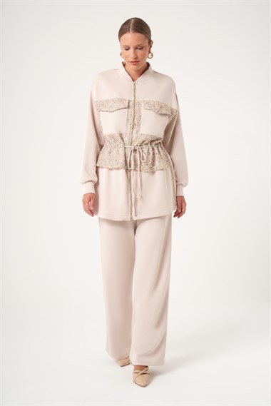 FTZ Women Kadın Modal Payet Detaylı İkili Takım  Beige 31517