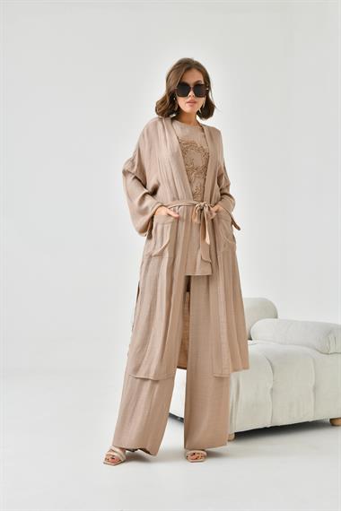 FTZ Women Kadın Nakışlı 3lü Keten Takım  Camel 30760