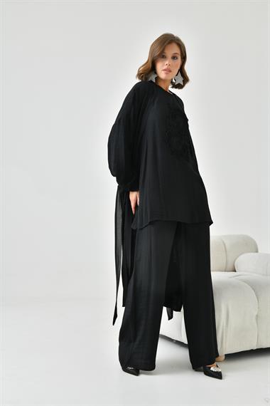 FTZ Women Kadın Nakışlı 3lü Keten Takım  Siyah 30760