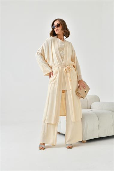 FTZ Women Kadın Nakışlı 3lü Keten Takım  Taş 30760