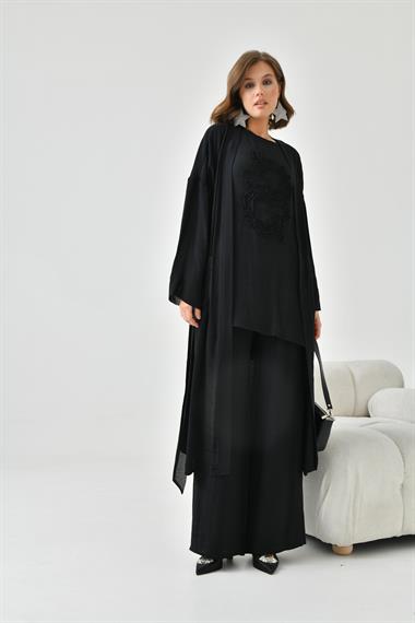FTZ Women Kadın Nakışlı 3lü Keten Takım  Siyah 30760