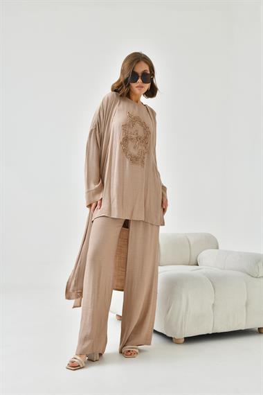 FTZ Women Kadın Nakışlı 3lü Keten Takım  Camel 30760