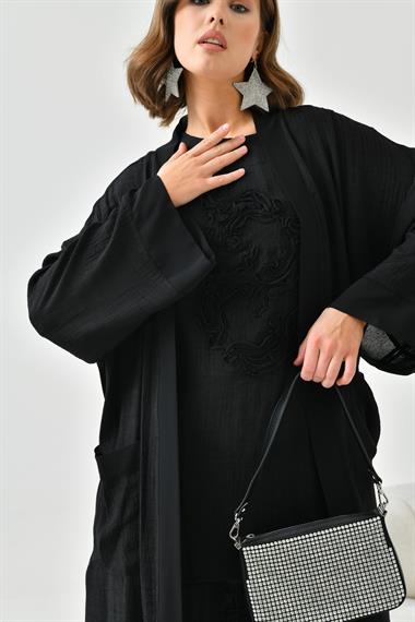 FTZ Women Kadın Nakışlı 3lü Keten Takım  Siyah 30760