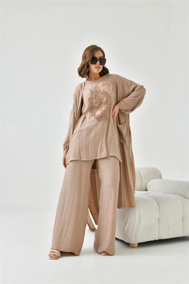 FTZ Women Kadın Nakışlı 3lü Keten Takım  Camel 30760