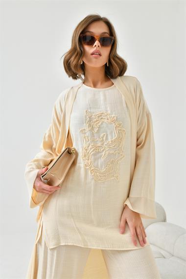 FTZ Women Kadın Nakışlı 3lü Keten Takım  Taş 30760