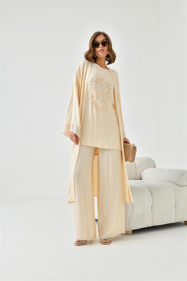 FTZ Women Kadın Nakışlı 3lü Keten Takım  Taş 30760