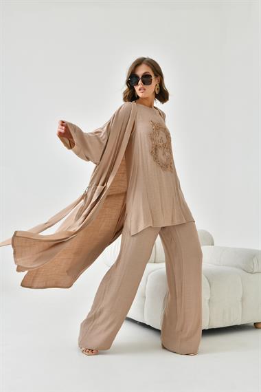 FTZ Women Kadın Nakışlı 3lü Keten Takım  Camel 30760