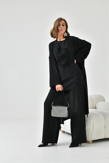 FTZ Women Kadın Nakışlı 3lü Keten Takım  Siyah 30760