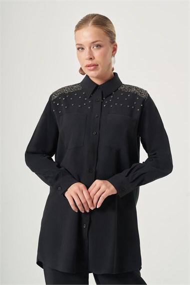 FTZ Women Kadın Omuz Taş Detay Pantolonlu Takım  Siyah 31554