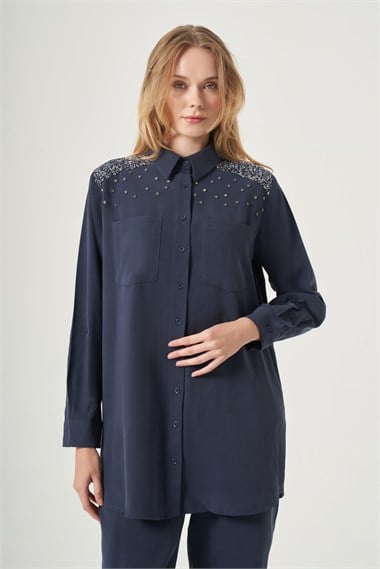 FTZ Women Kadın Omuz Taş Detay Pantolonlu Takım  Lacivert 31554