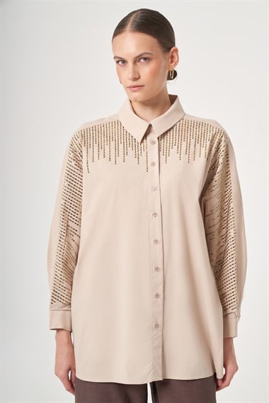 FTZ Women Kadın Omuz Taşlı Gömlek  Beige 31434