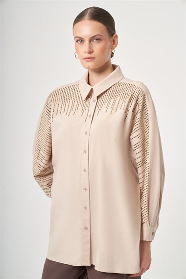 FTZ Women Kadın Omuz Taşlı Gömlek  Beige 31434